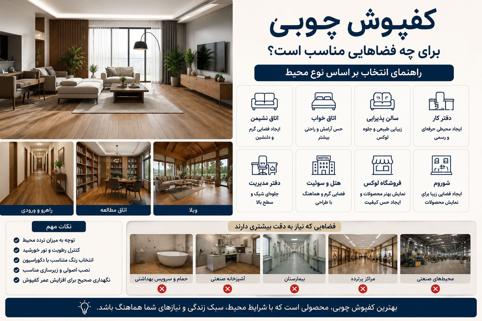 کفپوش چوبی برای چه فضاهایی مناسب است؟